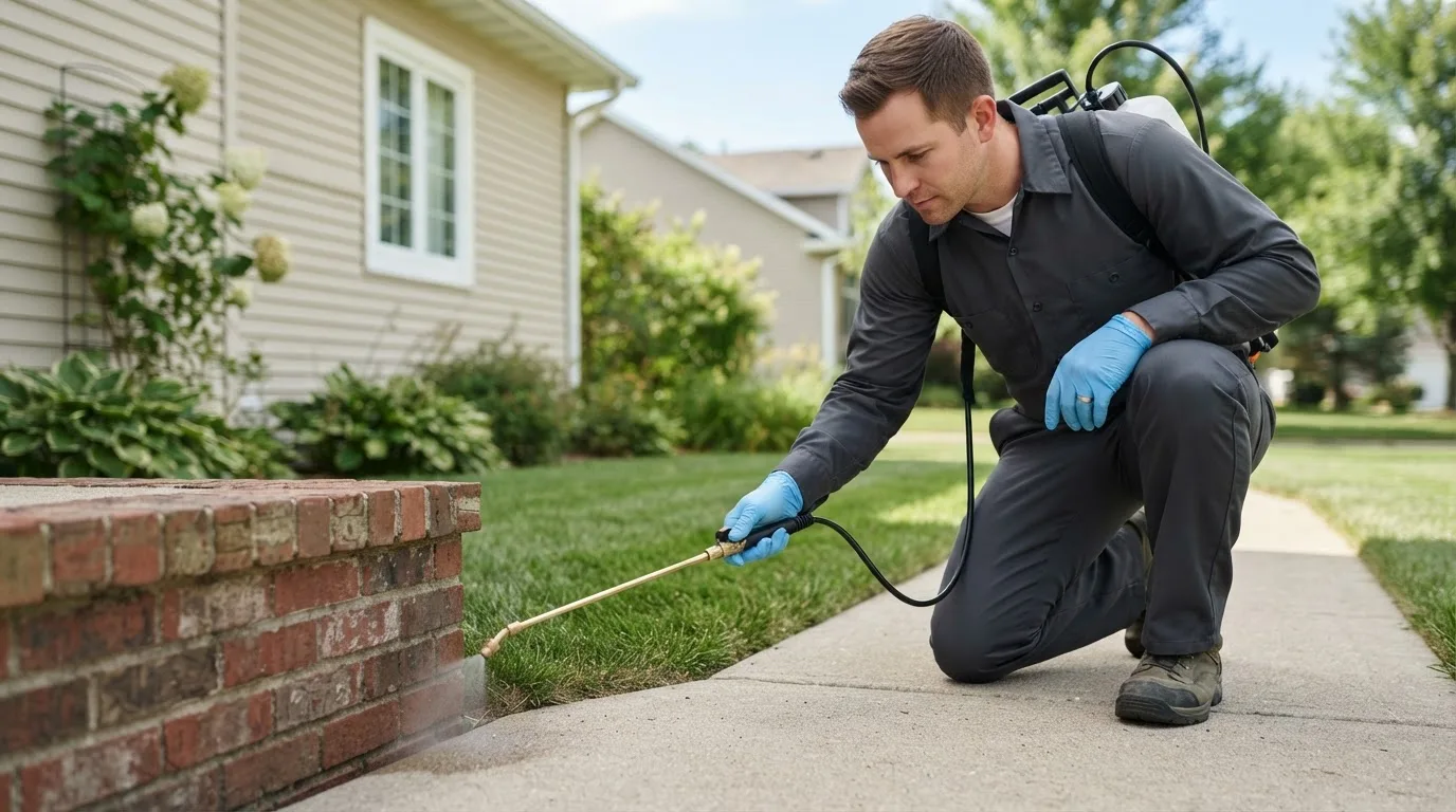 Pest control technician treating a home near Paynesville, MN