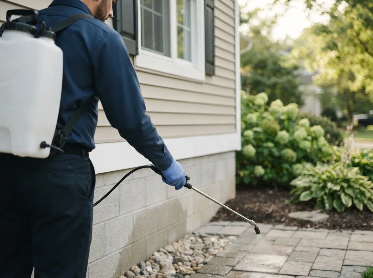Pest control technician inspecting a home in Paynesville, MN